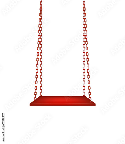 Wooden swing hanging on red chains