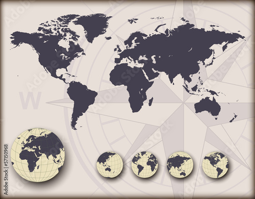 World map with earth globes