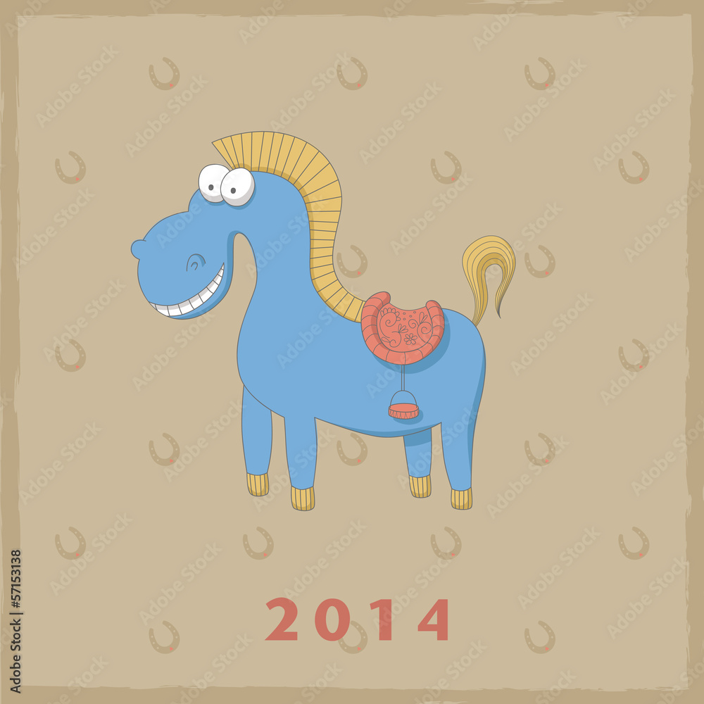 New Year retro card with funny cartoon horse New Year retro card with funny cartoon horse