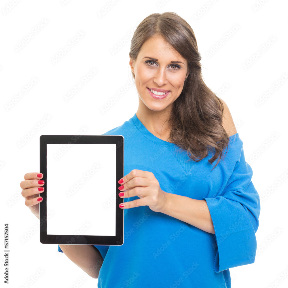 Cute young woman in blue showing blank tablet pc screen Cute young woman in blue showing blank tablet pc screen
