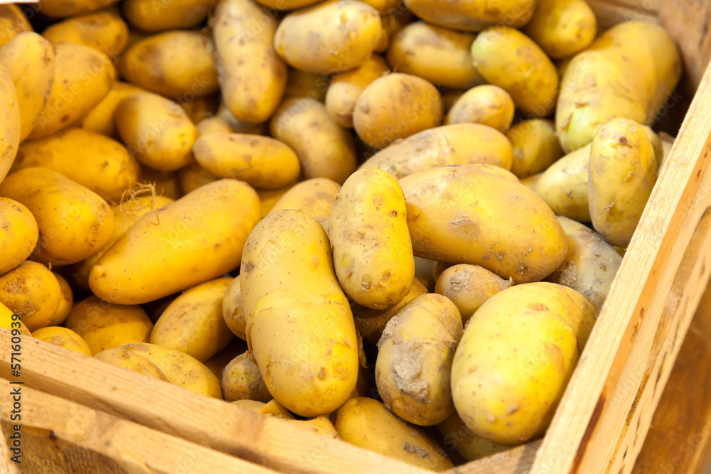 Fresh potatoes in a wooden crate. Fresh potatoes in a wooden crate.