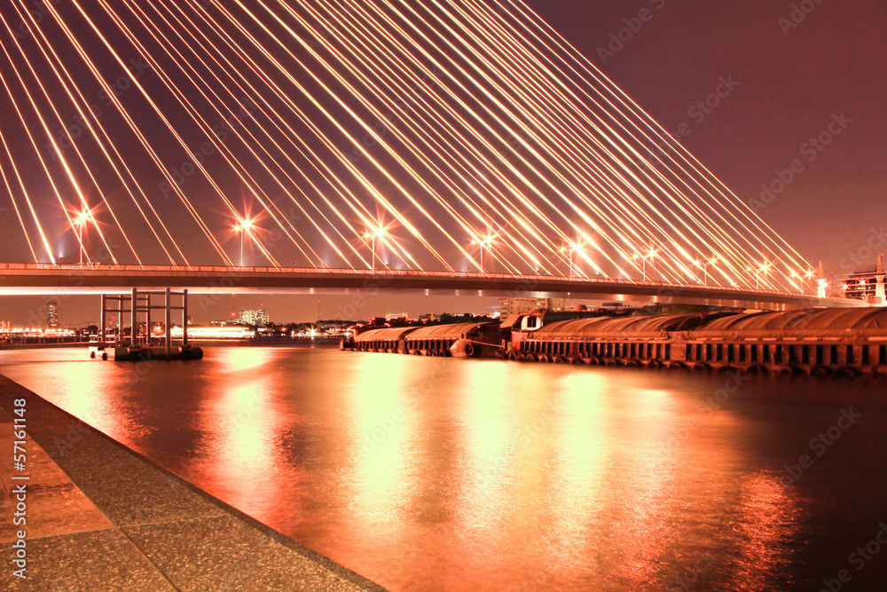 The Rama VIII bridge over the Chao Praya river at night in Bangk
