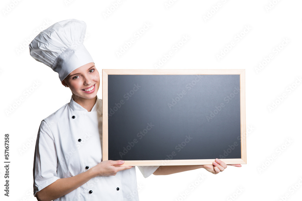 Köchin mit Kreidetafel Köchin mit Kreidetafel