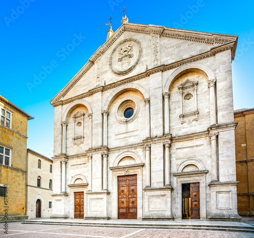 Pienza, Duomo Cathedral church facade in Tuscany, Italy