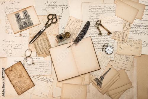 antique accessories, Paris postcards, old letters, ink pen