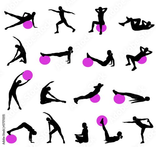 silhouettes of women doing pilates - vector