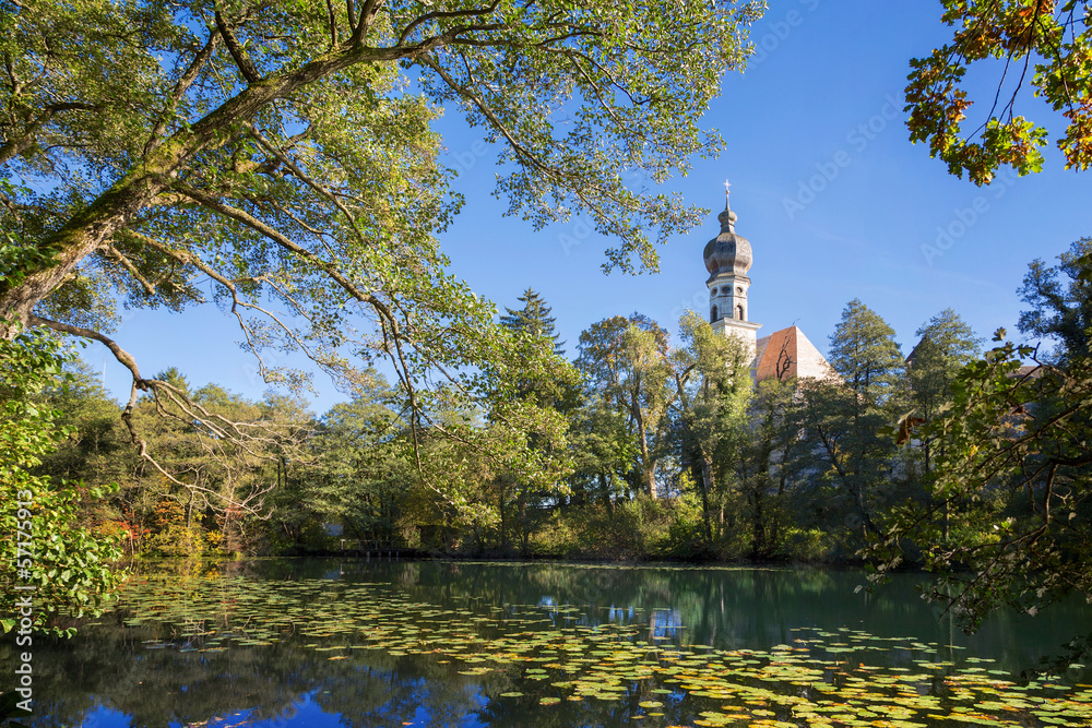 Old bavarian monastery with pond