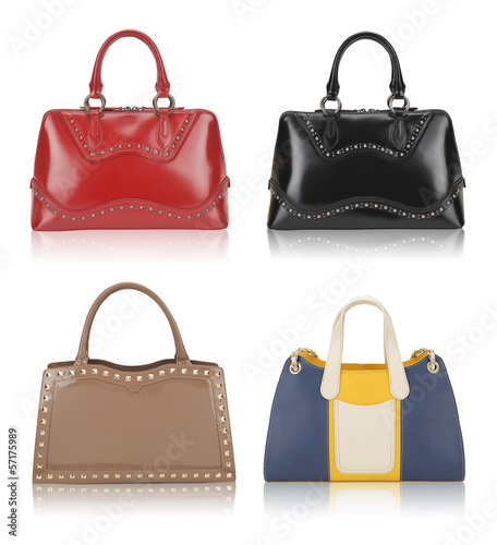 woman's handbags on white