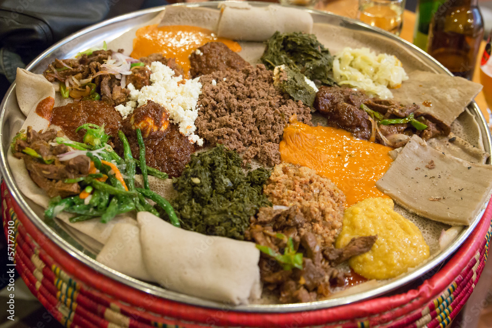 Injera be wot, traditional Ethiopian Food - obrazy, fototapety, plakaty 