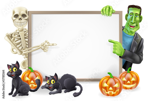 Halloween Sign with Skeleton and Frankenstein