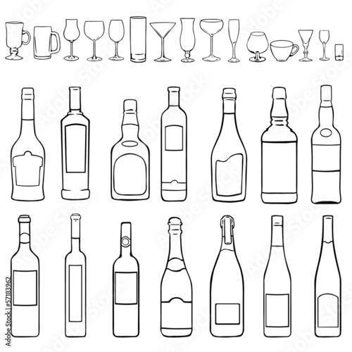vector line art set - bottles and stemware