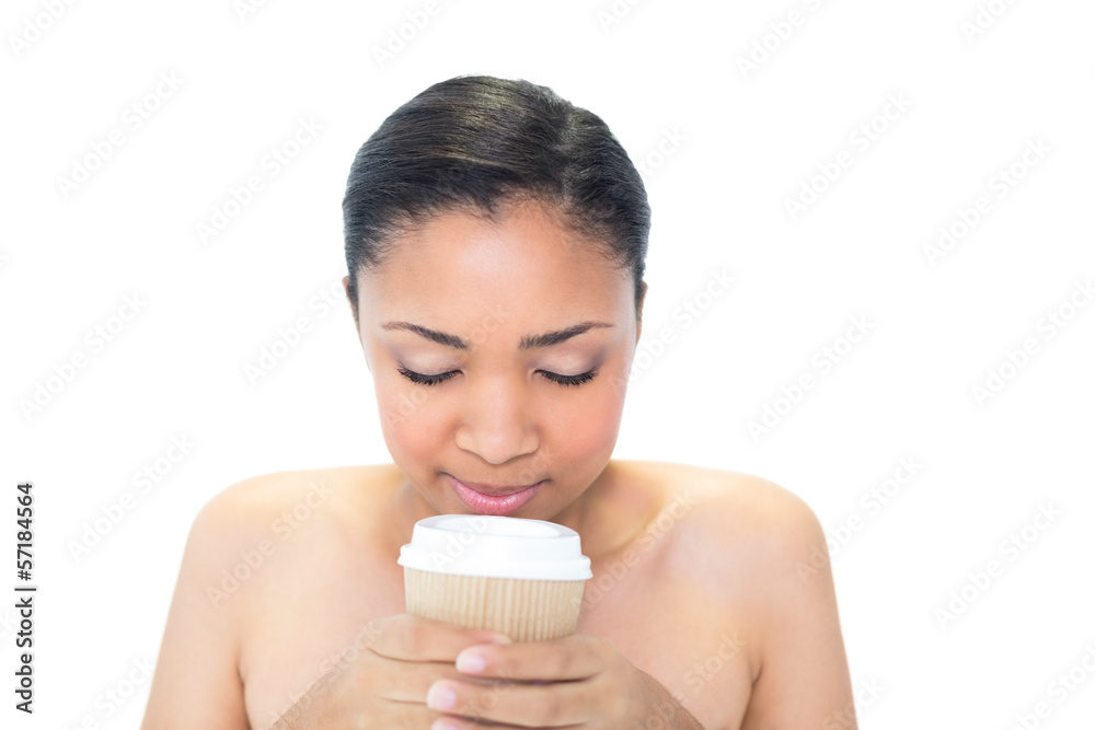 Attractive young dark haired model enjoying coffee smell Attractive young dark haired model enjoying coffee smell