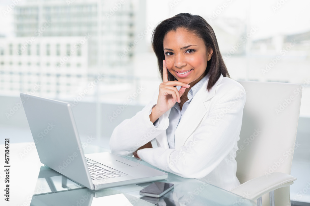 Dreamy young dark haired businesswoman using a laptop