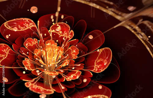fractal flower with red petals and golden details