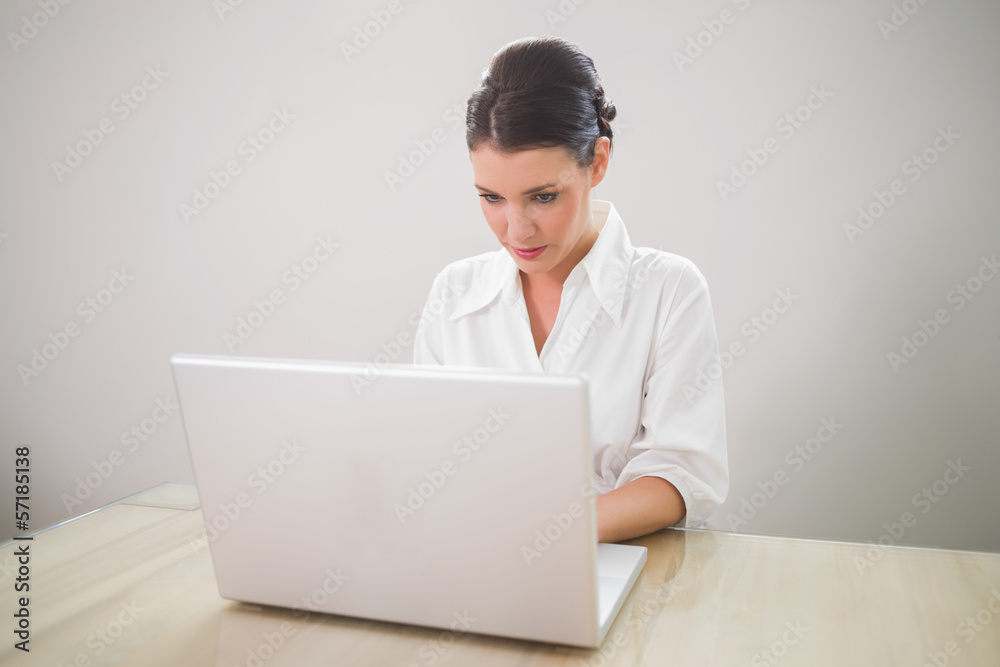 Focused charming businesswoman typing on laptop Focused charming businesswoman typing on laptop