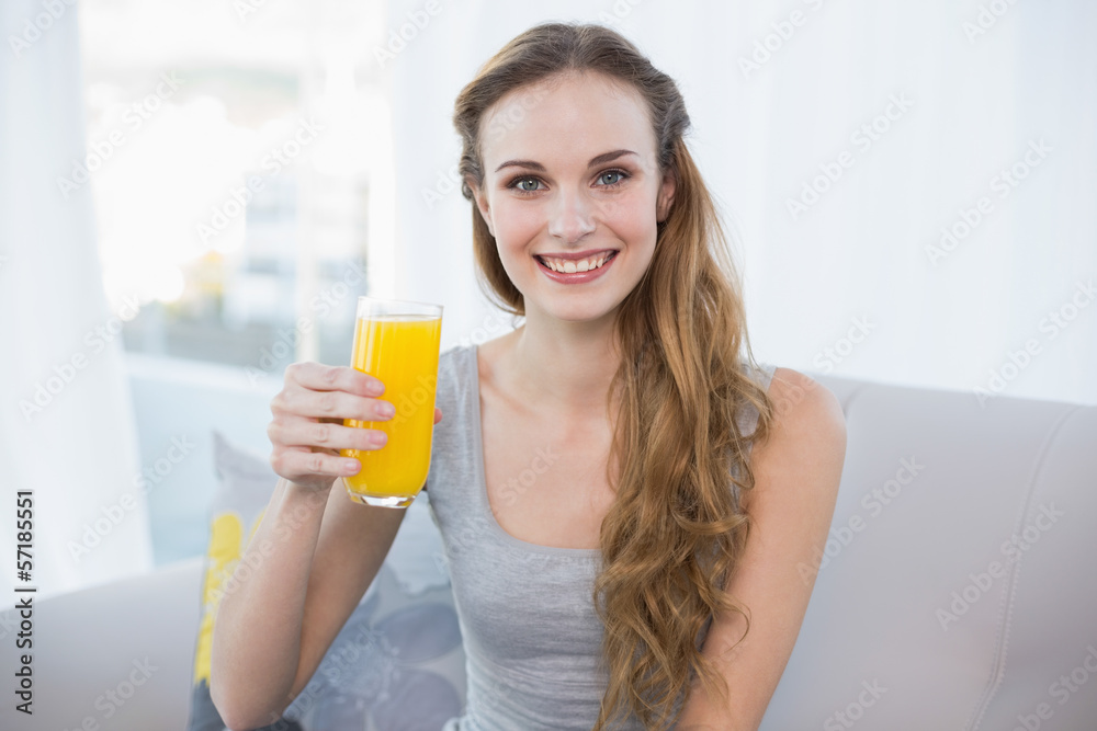 Content young woman sitting on sofa holding glass of orange juic Content young woman sitting on sofa holding glass of orange juic