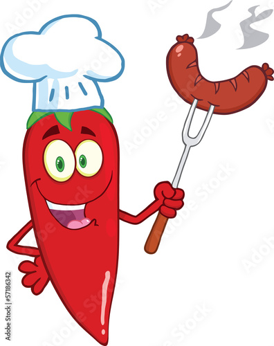 Cute Red Chili Pepper Chef With Sausage On Fork