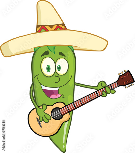 Green Chili Pepper Character With Mexican Hat Playing A Guitar