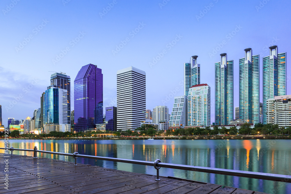 Naklejka premium business buildings area and office, cityscape at twilight