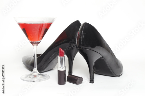 wine and glass with heels and lipstick