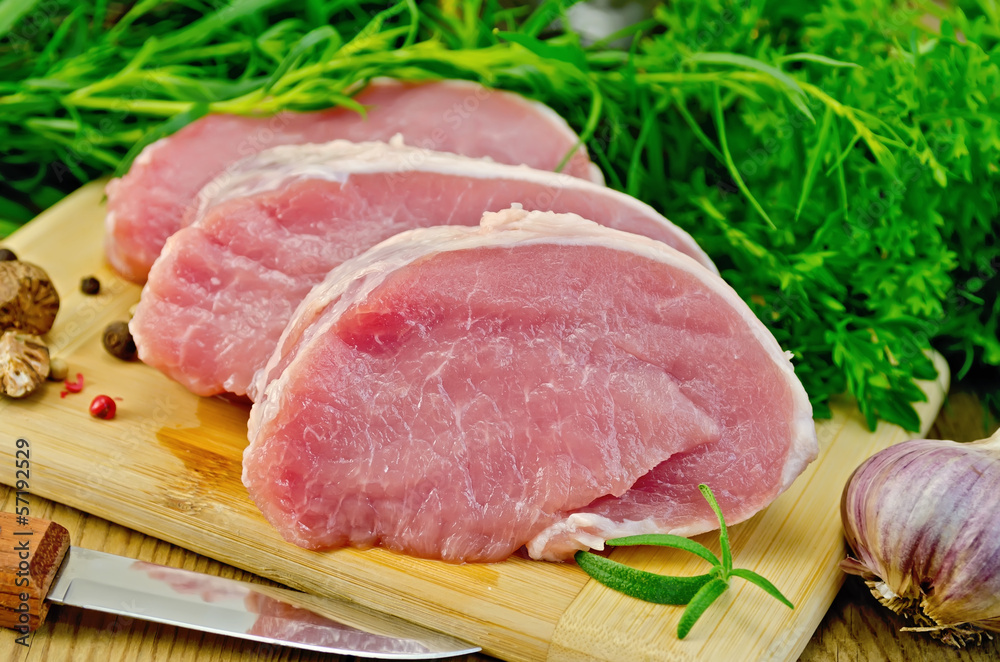 Meat pork slices on a board with greens