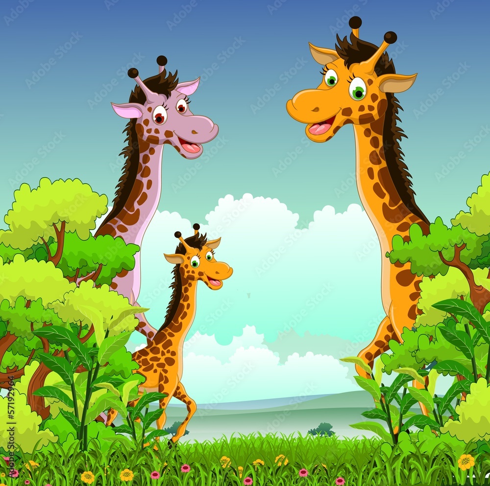 Fototapeta premium family of giraffe crtoon with forest background