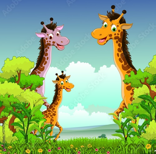 family of giraffe crtoon with forest background