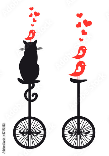 cat and birds on bicycle, vector