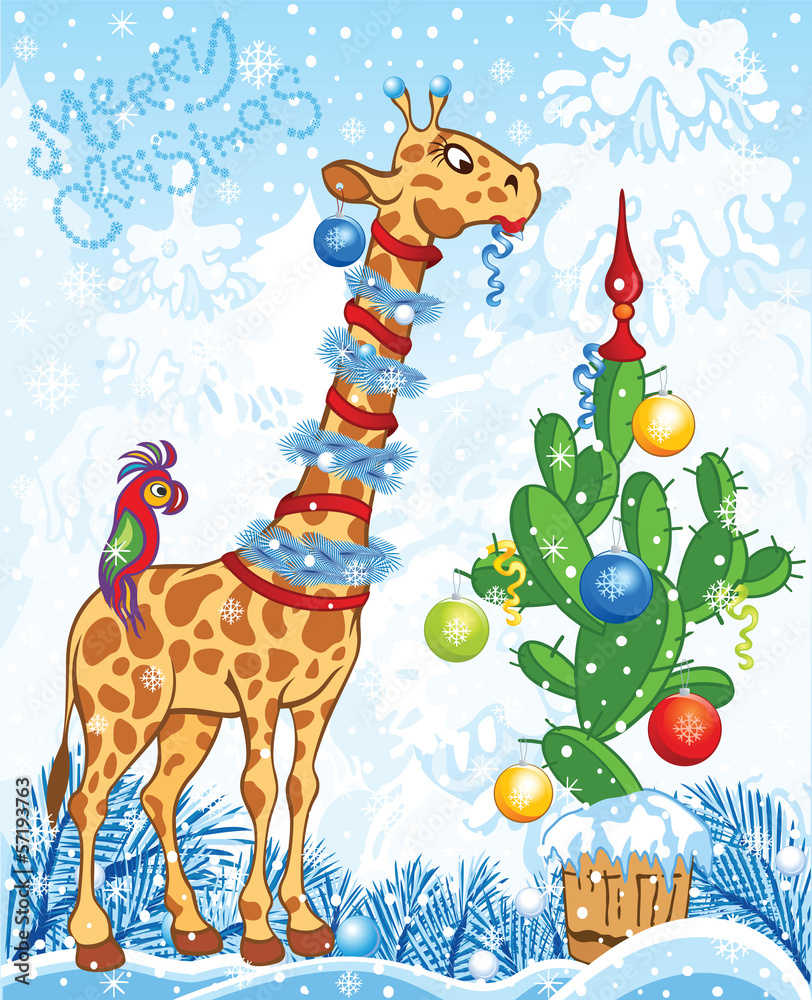 Obraz premium Christmas card with cartoon giraffe and cactus