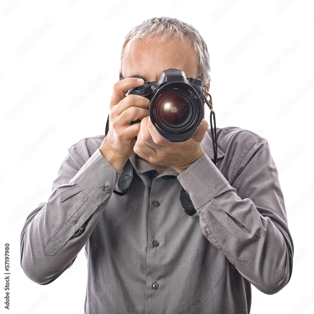 Photographer with professional camera on white Photographer with professional camera on white