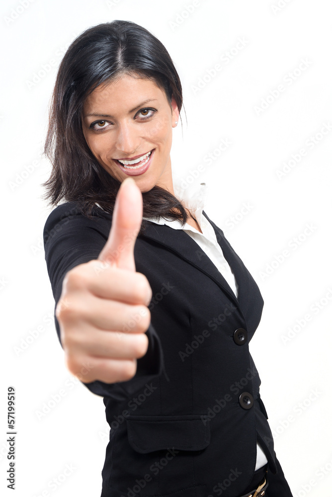 Success woman isolated giving thumbs up sign Success woman isolated giving thumbs up sign