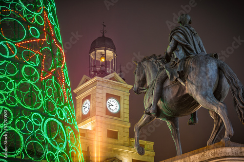Felipe III statue in the Puerta del Sol of Madrid at Christmas
