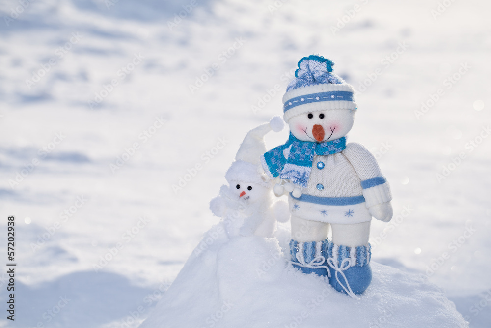 Obraz premium Little snowman with carrot nose in the snow.