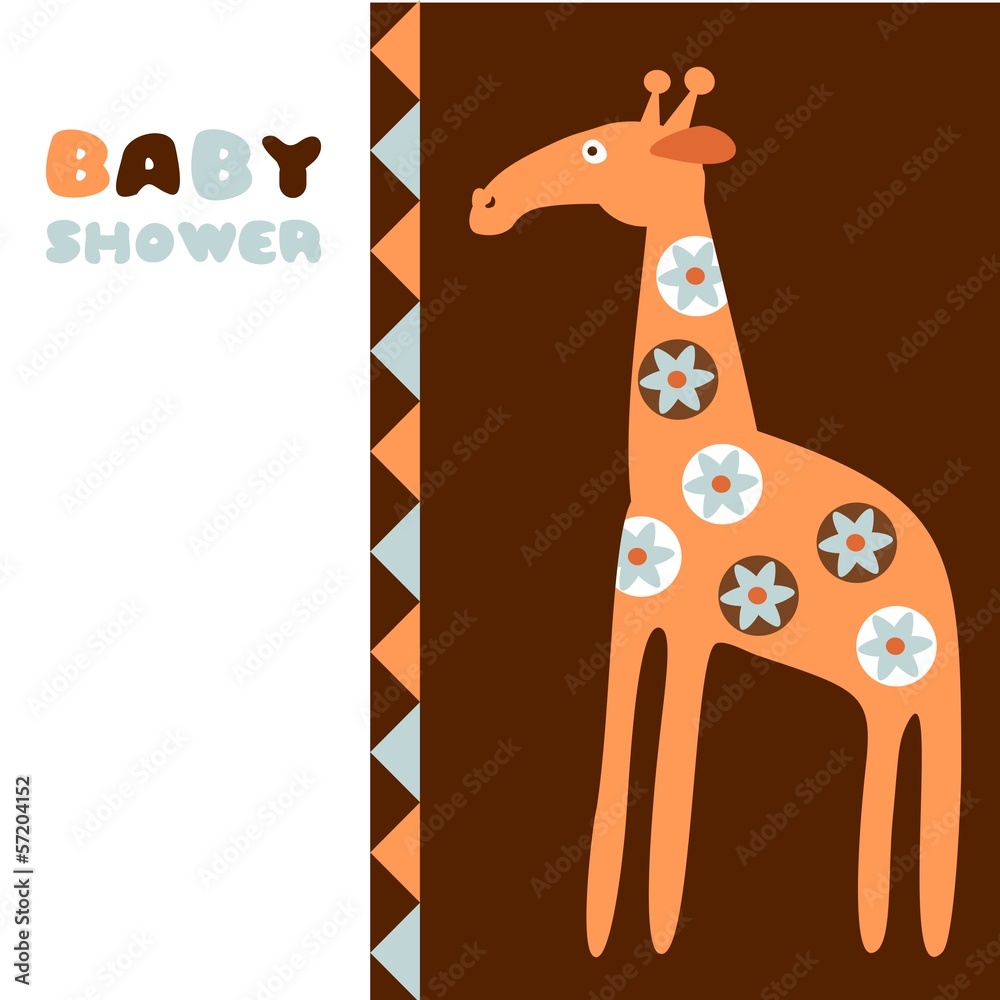 Naklejka premium Cute baby shower birthday invitation card with giraffe, vector