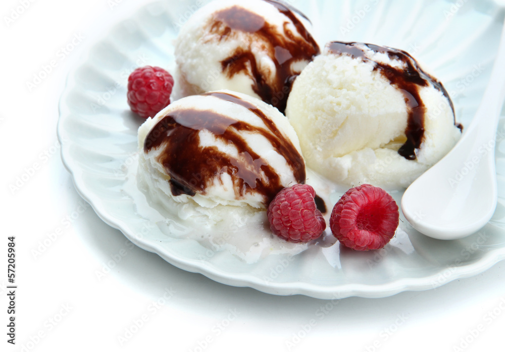 Delicious ice cream on plate isolated on white Delicious ice cream on plate isolated on white