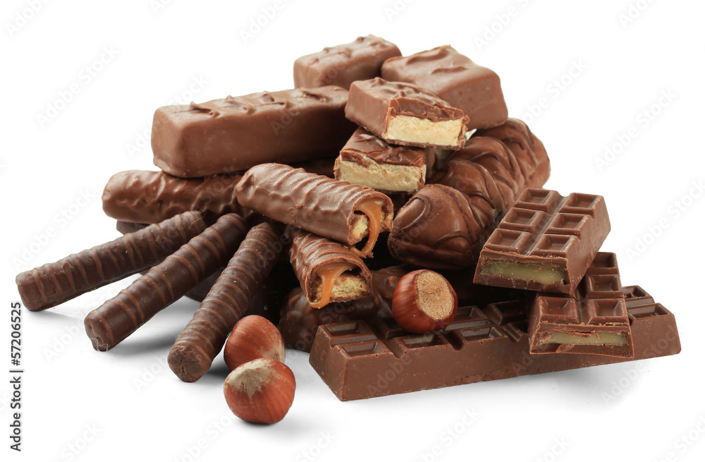Delicious chocolate bars with nuts isolated on white Delicious chocolate bars with nuts isolated on white