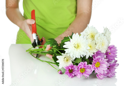 Florist shears cuts flowers isolated on white
