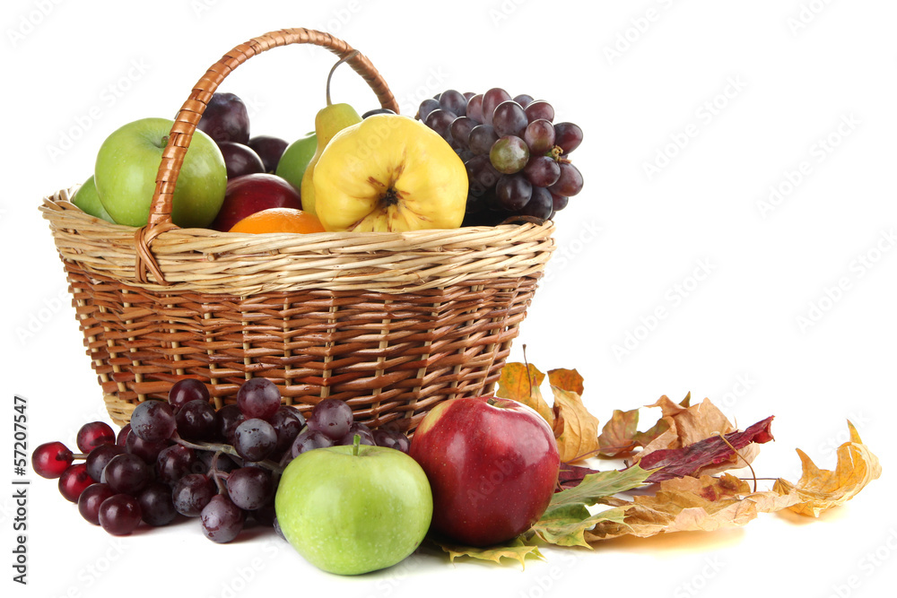 Different fruits with basket and yellow leaves isolated on Different fruits with basket and yellow leaves isolated on
