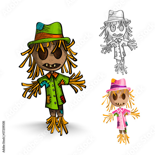 Halloween monsters isolated hand drawn scarecrows set.