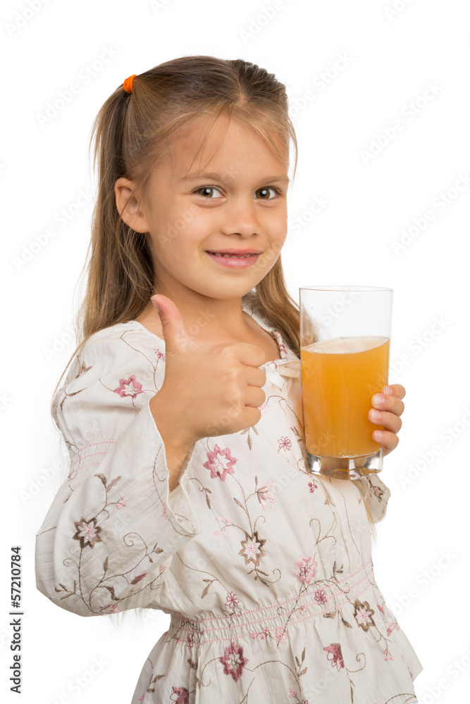Girl Holdng Glass With Apple Juice Showing Thumb Up Girl Holdng Glass With Apple Juice Showing Thumb Up