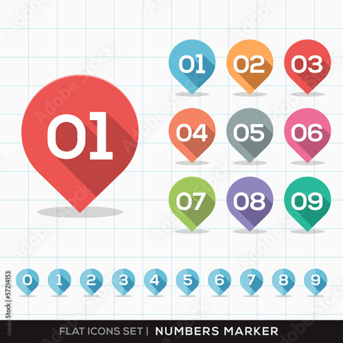 Numbers Pin Marker Flat Icons with long shadow Set for GPS or Ma