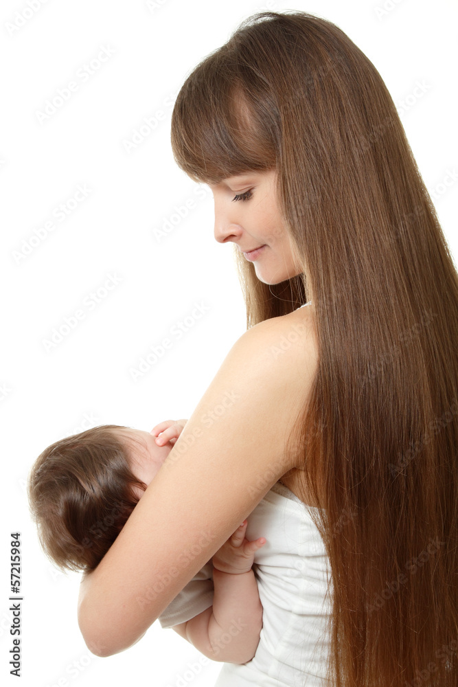 young mother breast feeding her infant over white young mother breast feeding her infant over white