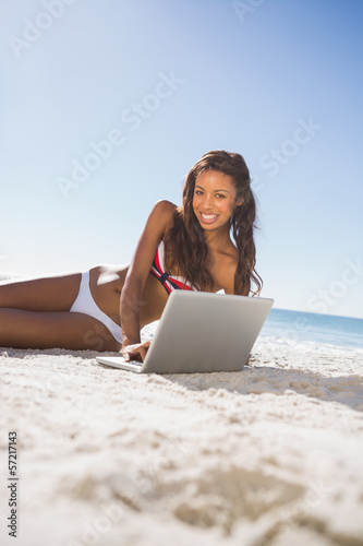 Cheerful attractive woman in bikini using her computer © WavebreakmediaMicro