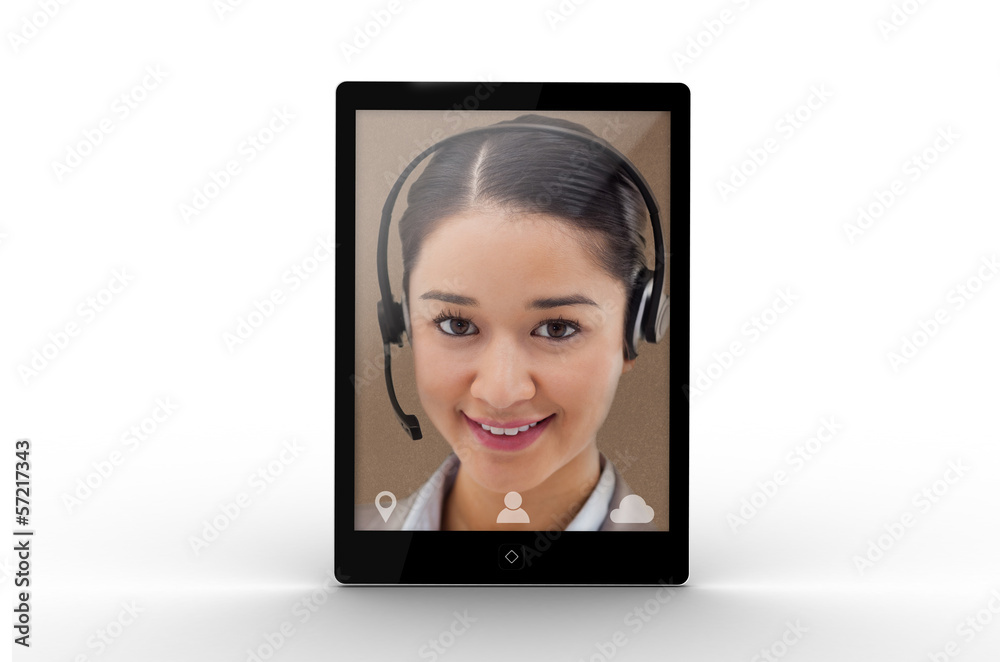 Digital tablet displaying cheerful pretty businesswoman Digital tablet displaying cheerful pretty businesswoman