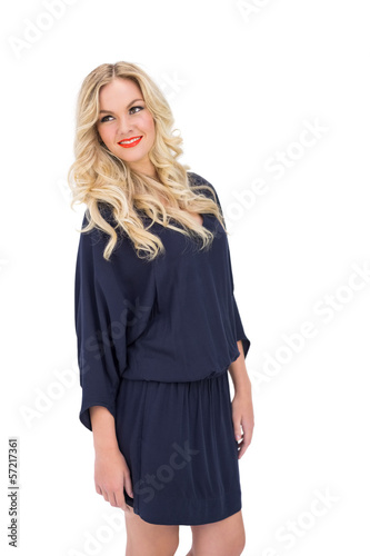 Cheerful gorgeous model wearing elegant dress posing
