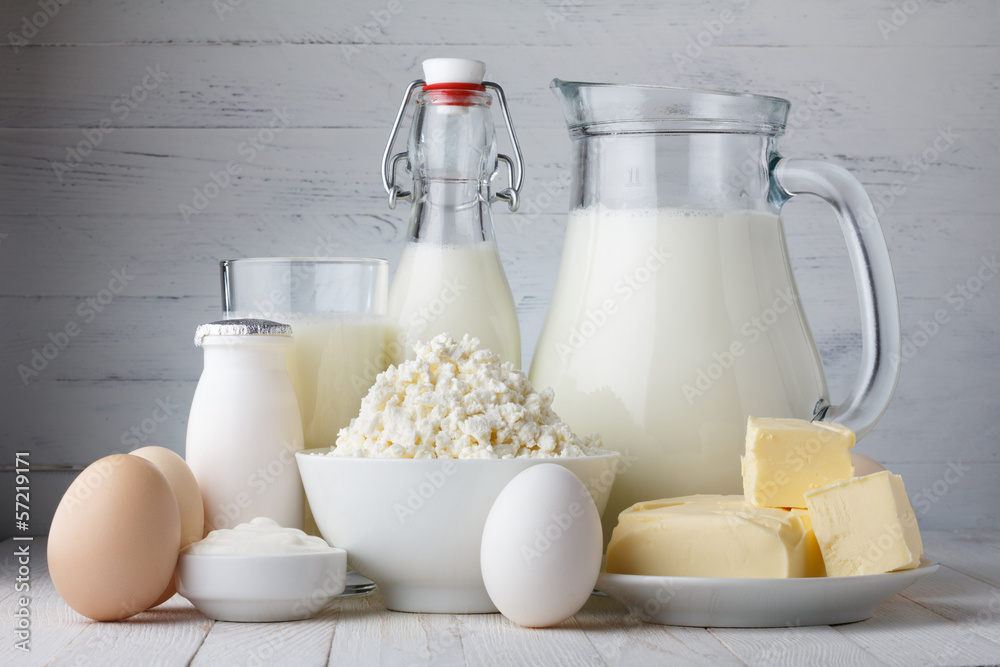 Dairy products on wooden table Dairy products on wooden table