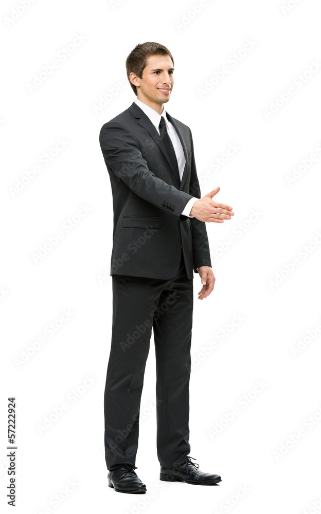 Full-length portrait of business man handshake gesturing Full-length portrait of business man handshake gesturing