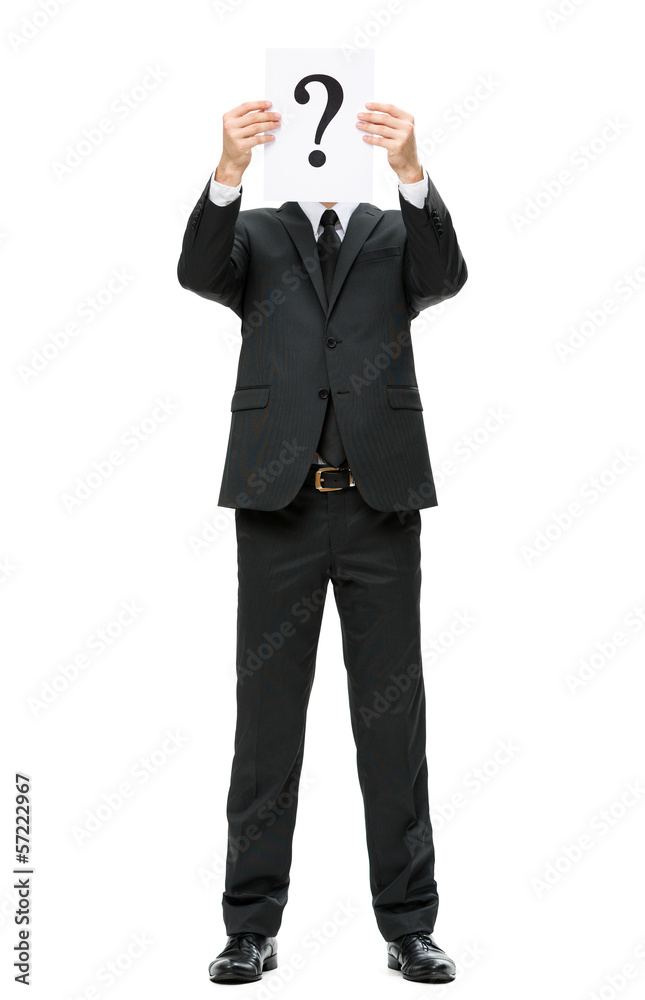 Full-length portrait of businessman handing question Full-length portrait of businessman handing question