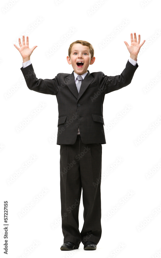 Full-length portrait of little businessman with hands up Full-length portrait of little businessman with hands up