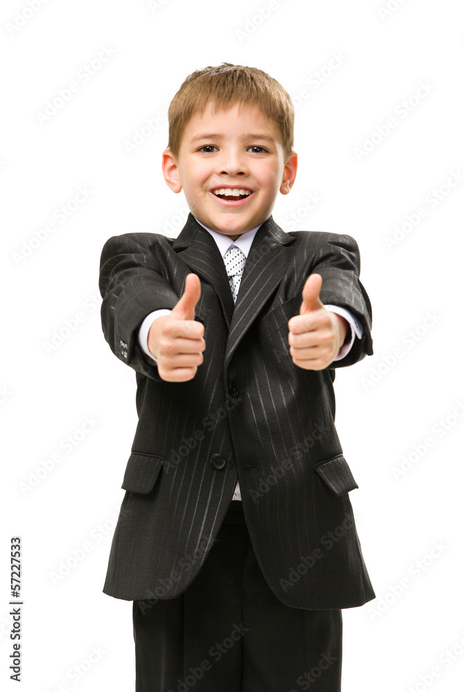 Half-length portrait of thumbing up little manager Half-length portrait of thumbing up little manager